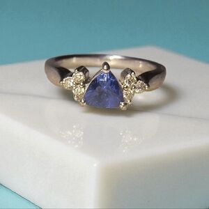 Blue Spinel Trillion With Diamonds In Sterling Silver Ring